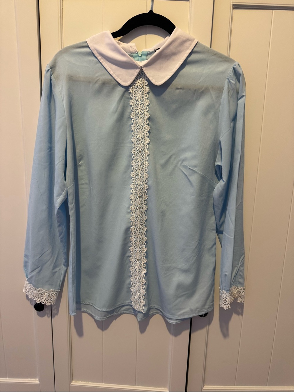 Girls' Light Blue Lace-Trim Peter Pan Collar Top